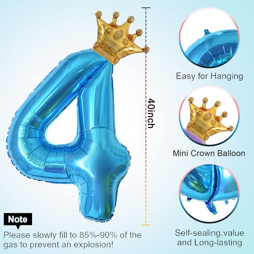 40 Inch Blue Number 4 & Mini Crown Balloon for Birthday Party Decorations, 4th Birthday Party Decorations Blue Theme Party Balloons Decorations Supplies