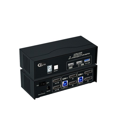 CKLau USB 3.0 Dual Monitor KVM Displayport 1.4 8K30Hz 4K144Hz, 2 Monitors 2 Computers Peripheral Sharing Switcher Box with Cables, Wired Remote, Digital Display