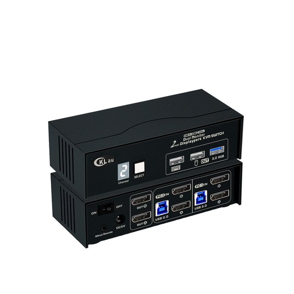 CKLau USB 3.0 Dual Monitor KVM Displayport 1.4 8K30Hz 4K144Hz, 2 Monitors 2 Computers Peripheral Sharing Switcher Box with Cables, Wired Remote, Digital Display