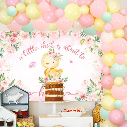 81Pcs Chicken Themed Baby Shower Decoration for Girl A Little Chick Is About to Hatch Baby Shower Backdrop Pink Floral Backdrop Balloon Garland Arch for Farm Themed Chick Party Baby Shower Supplies