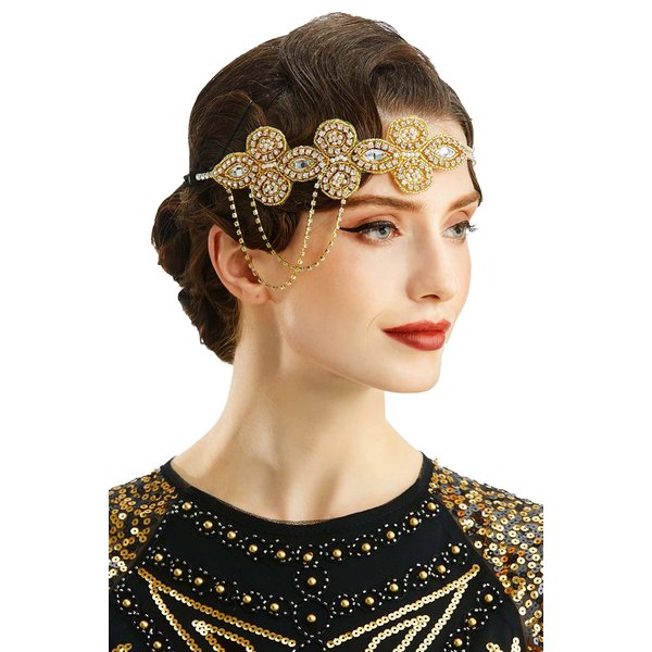BABEYOND 1920s Flapper Headband Crystal Great Gatsby Headpiece Roaring 20s Flapper Gatsby Hair Accessories (Gold)