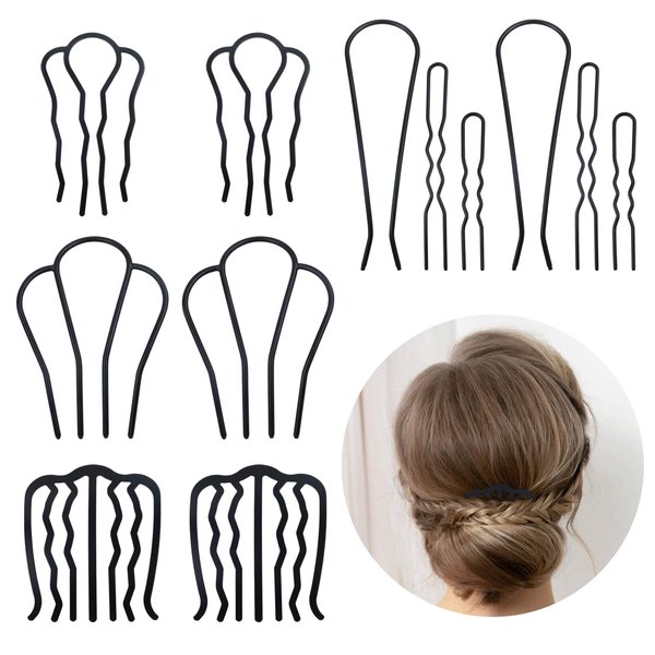 inSowni 12 Pack Smooth Black Metal Hair Side Combs U-shaped Hair Pins Hair Sticks Forks French Twist Bun Updo Hair Style Tools Accessories for Women Girls