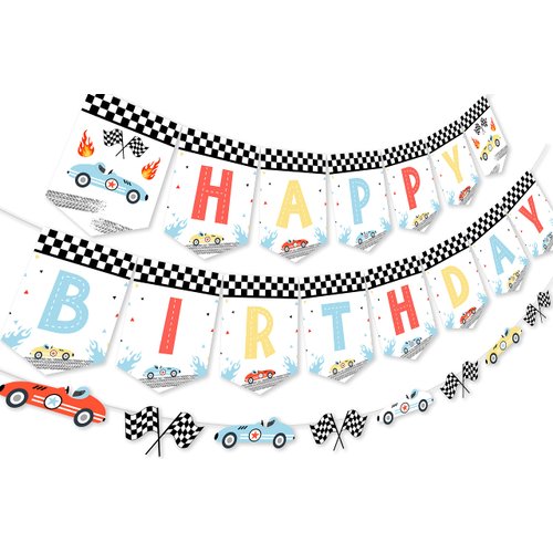 Vintage Race Car Birthday Decorations - Happy Birthday Banner, Racing Car Garland, Retro Race Car Birthday Decorations Pastel, Let's Go Racing Birthday Party Decorations for Boys