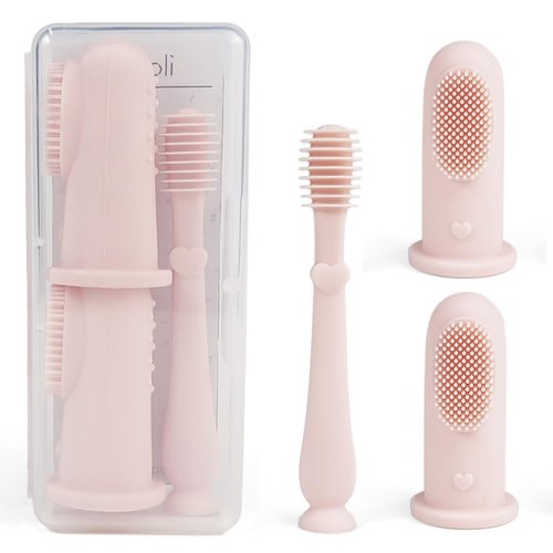 Ali+Oli Oral Care Set for Baby (Blush) Includes Dual-Sided Baby Finger Toothbrush x 2, Tongue Scraper for Baby, Protective Case, BPA, Phthalate, and PVC Free, Food-Grade Baby Care Products for Infants