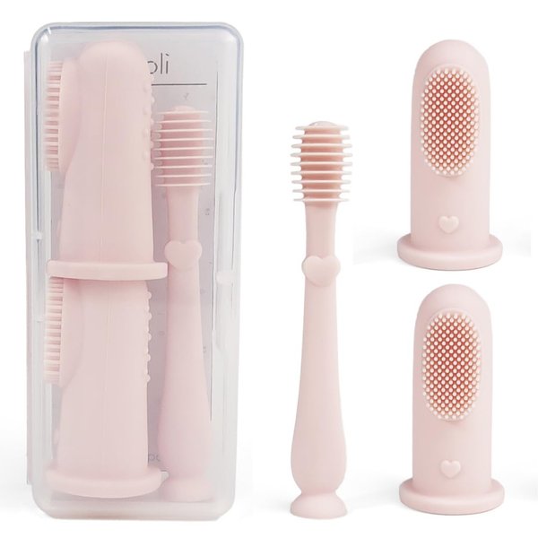 Ali+Oli Oral Care Set for Baby (Blush) Includes Dual-Sided Baby Finger Toothbrush x 2, Tongue Scraper for Baby, Protective Case, BPA, Phthalate, and PVC Free, Food-Grade Baby Care Products for Infants