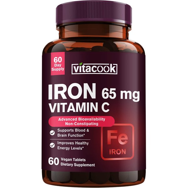Vitacook Iron Supplement for Women Men | High Potency Iron 65mg with Vitamin C 250mg | Stomach Friendly Iron Pills for Red Blood Cell & Immune Support | Vegan, Non-GMO & Gluten Free | 60 Iron Tablets