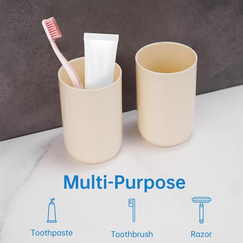 NiHome Toothbrush Holders for Bathrooms 3 Pcs, Plastic Reusable Bathroom Tumbler Toothbrush Cups, 13.5oz Unbreakable Mouthwash Cups Easy to Clean (Cream)