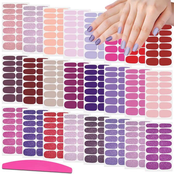 SILPECWEE 24 Sheets Glitter Solid Color Nail Wraps for Women Nail Polish Strips Self Adhesive Nail Polish Stickers Gel Nail Strips for Nail Art Fingernail Manicure Stickers with 1pc Nail File