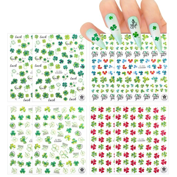 8Sheets St. Patrick’s Day Nail Art Stickers 3D Self Adhesive Shamrock Nail Decals, Luck of The Irish Leprechaun Shamrock Nail Deisgn Nail Supplies Nail Supplies