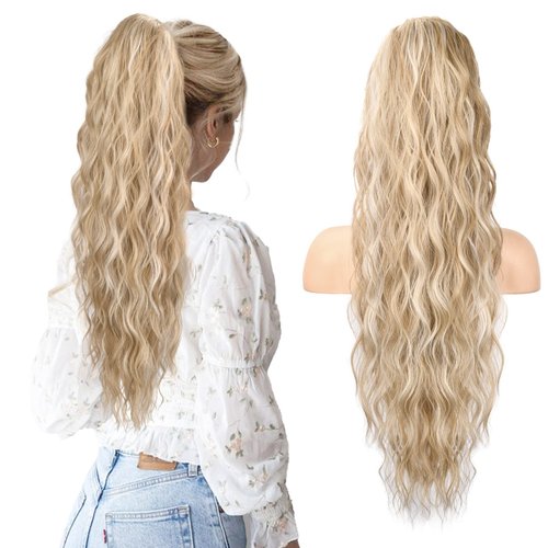 Ponytail Extension, HOOJIH Drawstring Ponytail Hair Extensions 26 Inch Long Curly Wavy Ponytail Natural Wavy Synthetic Hairpiece for Women Daily Use - Light Golden Blonde with White Blonde
