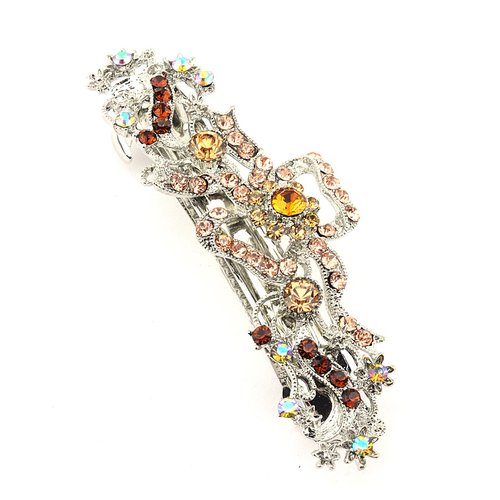 Women's Rhinestone Metal Hair Barrette Clip Hair Pin Antique Silver IMB2149, Brown
