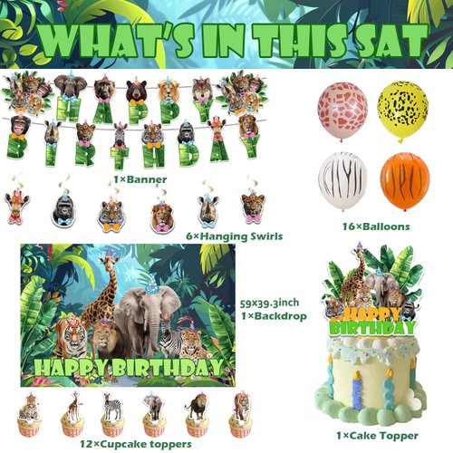 Jungle Safari Birthday Party Decorations - Safari Animals Birthday Banner, Backdrop, Cake, Cupcake Toppers, Hanging Swilrs, Balloons for Zoo Safari Animal Theme Party Supplies