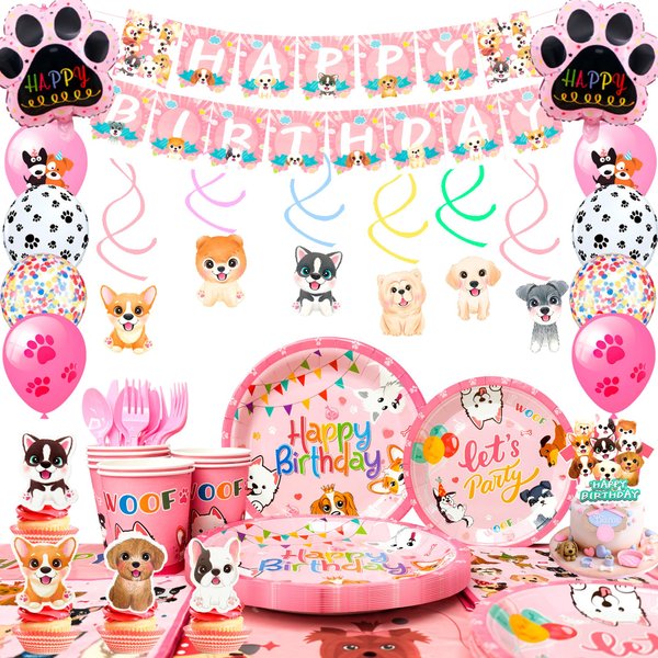 Puppy Birthday Decorations,161pcs Puppy Party Decorations Pink Dog Tableware Set Pink Puppy Plates Cups Napkins Dog Birthday Banner Balloons Cupcake Toppers etc Dog Birthday Party Supplies