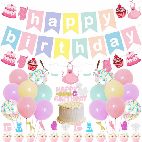 64Pcs Baking Themed Party Decorations for Girls, Macaron Party Decor With Makaron Happy Birthday Banner, Baking Cake Topper, Macaron Rainbow Latex Balloon for Girls Birthday Baby Shower Party Supplies