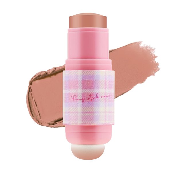 Apooliy Cream Blush Stick with Sponge,Dual-Ended Blush for Cheeks,Long Wear Nude Matte Blusher,Smudge-proof Makeup Stick