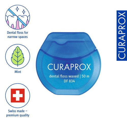 Curaprox Dental Floss DF 834 - Waxed Microfiber Mint Floss for Narrow Spaces - 50m