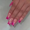 MISUD Press on Nails Long Square Fake Nails Glossy Glue on Nails Hot Pink French Tip Acrylic Nails Squoval Artificial Nails Summer Flower Stick on False Nails with Design 24 pcs