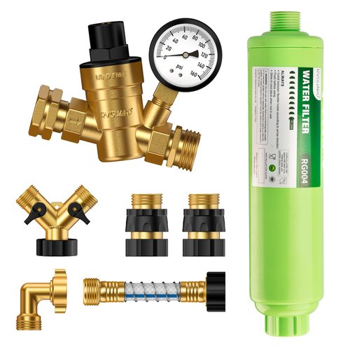 RVGUARD RV Water Pressure Regulator Kit, Inline Water Filter NSF Certified, Hose Splitter, Flexible Connector, Hose Quick Connect, Complete Kit for Fresh Water Hook Up