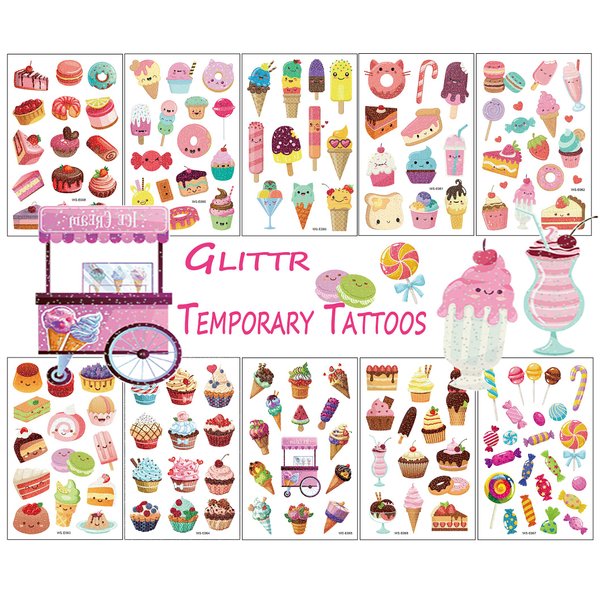 TopFunny Glitter Temporary Tattoos for Kids, 141Pcs Girls Lovely Ice Cream Fake Tattoo Birthday Party Supplies Cookie Tattoo (10 Sheets) Cute Waterproof Stickers Decoration Gifts Favors Sparkly Cake