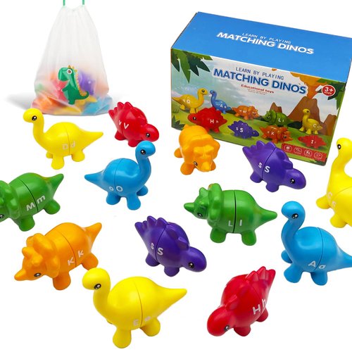 TMBLNEP Montessori Learning Toys for Toddlers, Matching Letters Fine Motor Toy, Double-Sided 26 PCS ABC Dinosaur Alphabet Games for Kids Ages 3-5 (Letters)