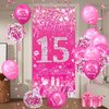 Pink 15th Birthday Decorations for Girls Boys Pink Happy 15th Birthday Door Cover Banner & 18Pcs Happy 15th Birthday Balloons Decorations for Hot Pink 15th Birthday Anniversary Party Supplies