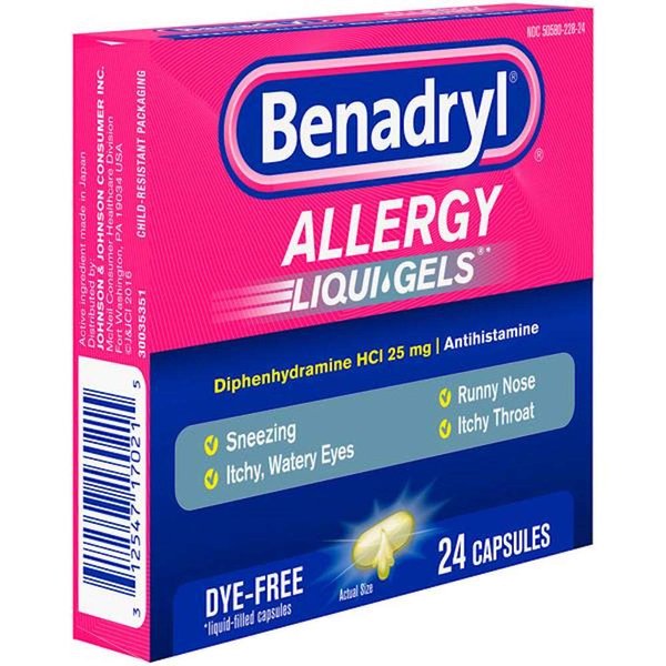 JOHNSON & JOHNSON CONSUMER M147 Benadryl Allergy, Dye Free Liquid Gels, Pack of 24