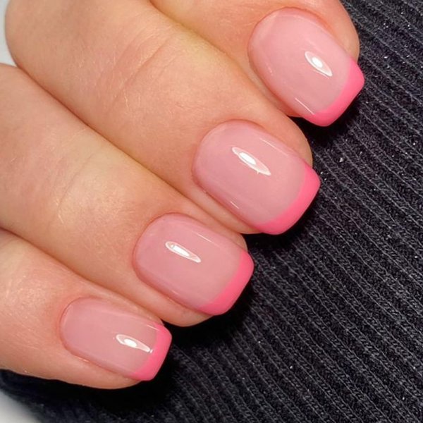 GLAMERMAID Nude Pink French Tip Press On Nails Extra Short Square, Glossy Gel Fake Nails Squoval, Natural Pink False Nails Tip Round Oval, Reusable Acrylic Glossy Stick on Nail, Glue on Nail for Women