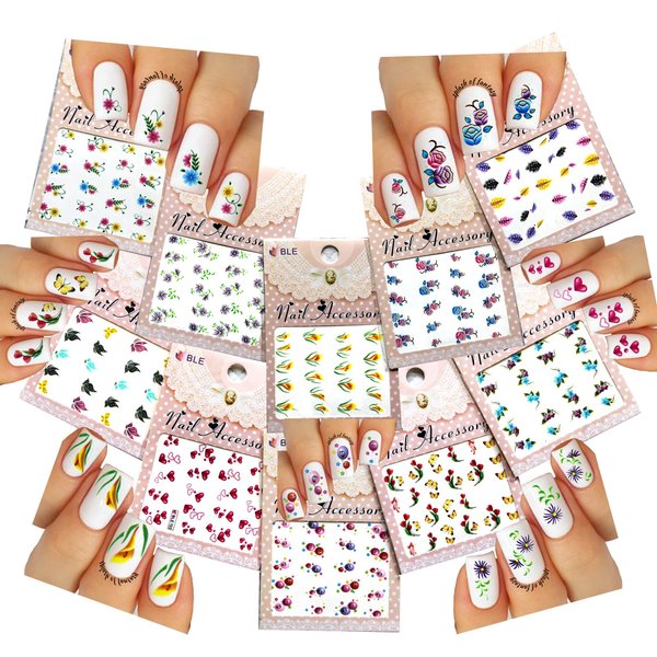 Nail Art Water Slide Tattoo Stickers Adorable Flowers/Hearts/Butterflies/Balloons for an Elegant Manicure 10 - Pack/RTUNII/