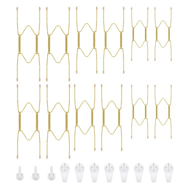 Bilillo 12 Pieces Stainless Steel Decorative Wire Plate Holders, 6/8/10 Inches Invisible Wall Plate Hangers, 3 Sizes Home Decoration with Wall Hooks for Antique Plates and Arts (Gold)