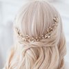 PTORIZNY Crystal Wedding Hair Comb Rhinestone Pearl Bride Hair Combs Gold Side Hair Combs Leaf Pearl Headpiece Bridal Hair Accessories for Women