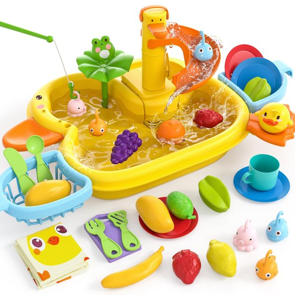 3-IN-1 Play Sink with Running Water, Kids Kitchen Sink Toys with Electric Duck Faucet, Pretend play kitchen accessories, play food, Water Slide Track, Pool Floating Fishing Game Gift Toy for BoysGirls