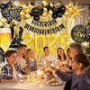 Happy New Year Decorations 2025 with Black Gold Confetti Balloons 2025 Number Balloons New Year Banner Gold Fringe Curtain Backdrop Champagne Balloon for New Years Eve Party Nye Decorations