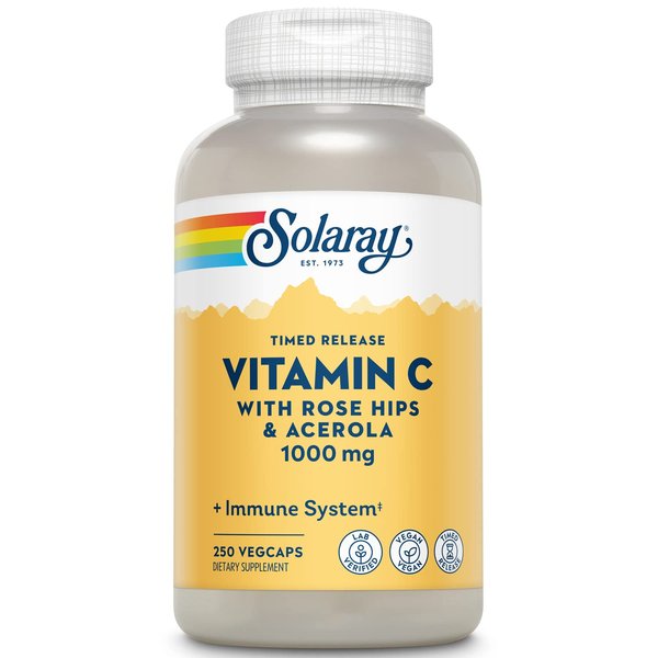SOLARAY Vitamin C with Rose HIPS & Acerola | Two-Stage Timed-Release Formula | 1000mg | 24-Hour Immune Support & Antioxidant Supplement | 250 Ct.