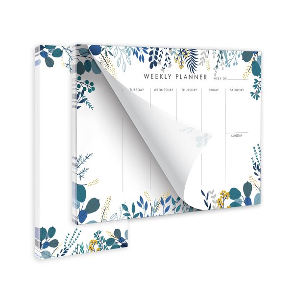 Weekly Planner Notepad Tear Off Set of 2 Weekly Calendar Pad 52 Undated To Do List Notepad Sheets Desk Planner Planning Pads Productivity Tracker for Work Goals Notes Schedule Ideas, Floral Blue