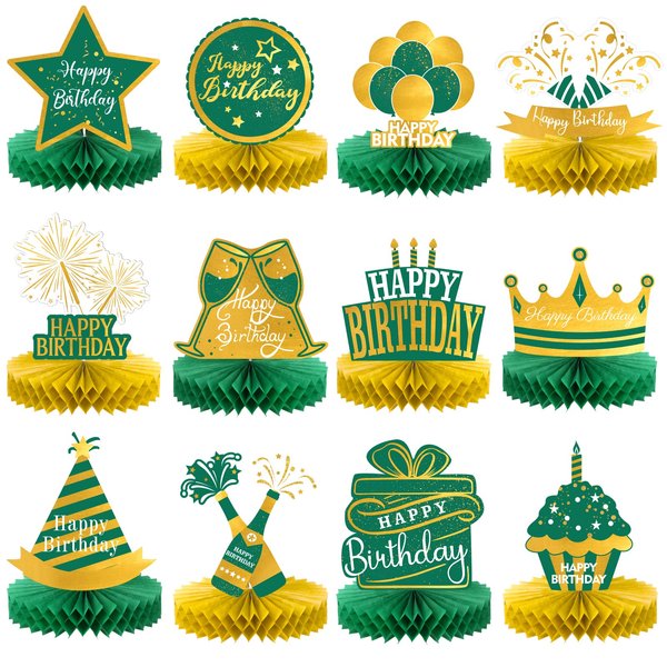 Sabary 12 Pcs Green Gold Happy Birthday Decoration Gold Honeycomb Centerpieces Party Supplies Balloon Crown Paper Centerpiece Table Decorations Royal Table Centerpieces for Men Women Party