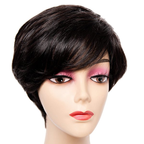 Unonet Pixie Cut Wig with Bangs Human Hair Short Wigs for Women Short Pixie Cut Wigs Black Brazilian Virgin Hair Layered Wavy wigs Party Daily Use (Natural Black)