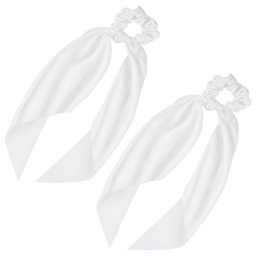 2 Pcs Knotted Bow Satin Hair Scrunchie Hair Scarf with Tail Hair Scrunchies Elastic Hair Scarf Ponytail Holder for Women and Girls (White)