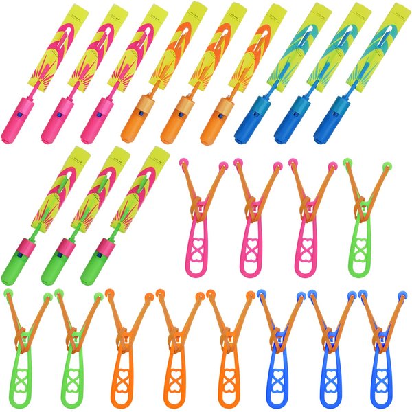 Rocket Slingshot Flying Toys with Led Lights - 12 Pcs Slingshot Toy for Kids, Summer Outdoor Game LED Slingshot with 12Pcs Launchers + 12Pcs Arrow Helicopters, Glow in The Dark Kids Party Supplies