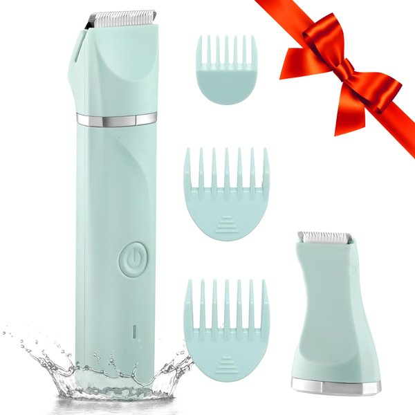 AREYZIN Waterproof Bikini Trimmer Women Electric Razor for Legs Pubic Hair Rechargeable Shaver Removal with Snap-in Ceramic Blades IP7X Washable Head,Wet and Dry Use,Green