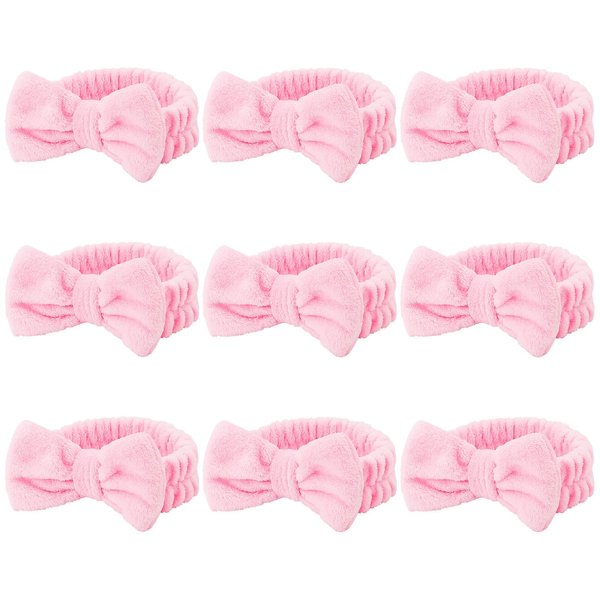 Casoty 9 Pcs Pink Spa Headband, Sleepover Party Favors, Soft Coral Fleece Makeup Hair Band, Skincare Headbands, Makeup Headband for Face Washing Shower Yoga Spa Party