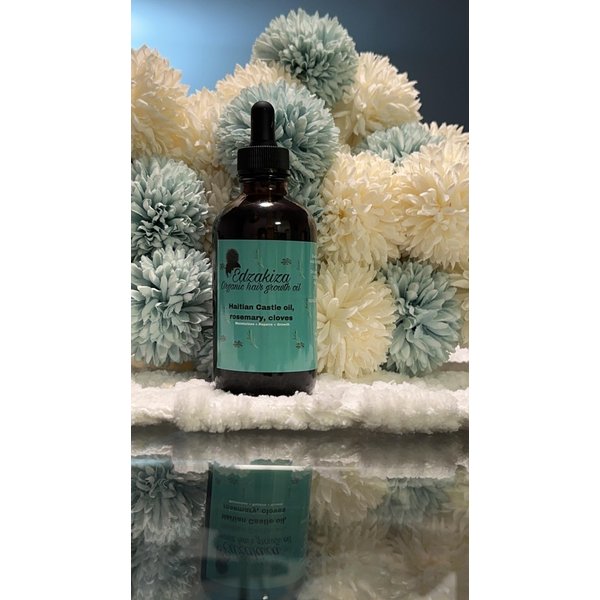 Edzakiza 100% organic Hair Growth Oil .Scalp Thickening + Moisturizing. Vegan Hair Treatment For Women, Men with Dry, Frizzy, Weak Hair and Hair Loss. Rosemary, Haitian Castor Oil, 4 oz, Gold
