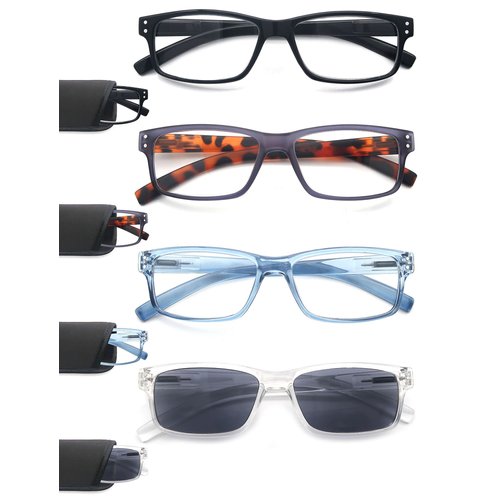 HEEYYOK 4 Pack Reading Glasses for Men 4.0+,Quality Readers with Spring Hinges Includes Sun Readers, Reduce Eyestrain/Glare Eyeglasses