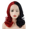 Meiyite Hair Wavy Shoulder Length 16inch Half Black Half Red Mix Half Hand Tied Realistic Synthetic Lace Front Wigs