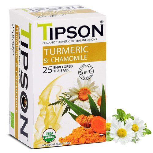 Tipson Organic Turmeric Herbal Infusions - Turmeric & Chamomile - Caffeine Free, Non GMO, Gluten Free - 25 Premium Tea Bags (Pack of 1)