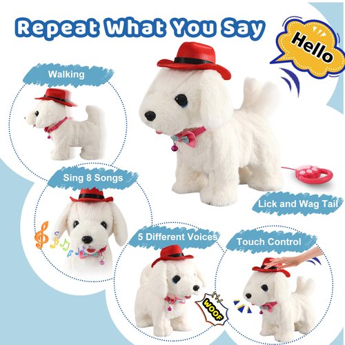 White Labrador Walking Dog Barking Dog for Child Kid Licking Puppy Talking Dog with Leash, Interactive Robot Dog Tail Wagging Singing Plush Lab Dog Stuffed Dog Pretend Dress Up Christmas Girl Boy Gift