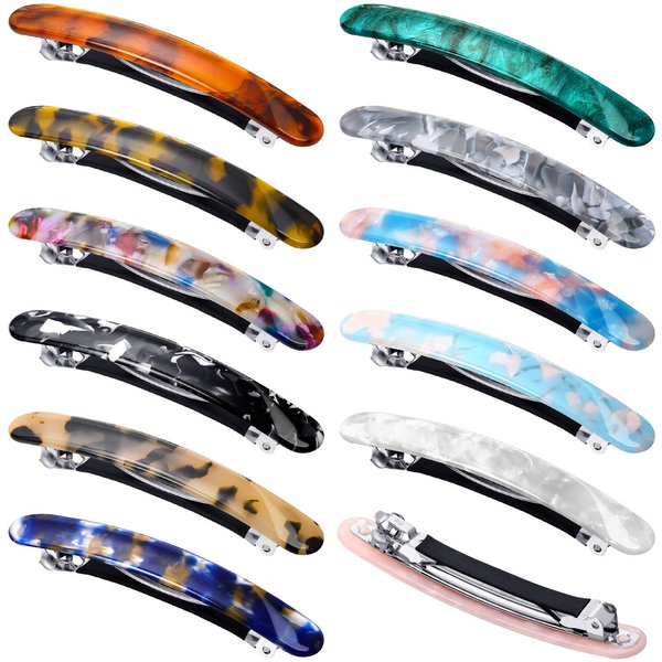12 Pieces Hair Barrettes for Women Tortoise Shell Hair Barrettes Acetate French Skinny Hair Clip Automatic Ponytail Barrettes for Women Fine Hair Thin Hair Accessories