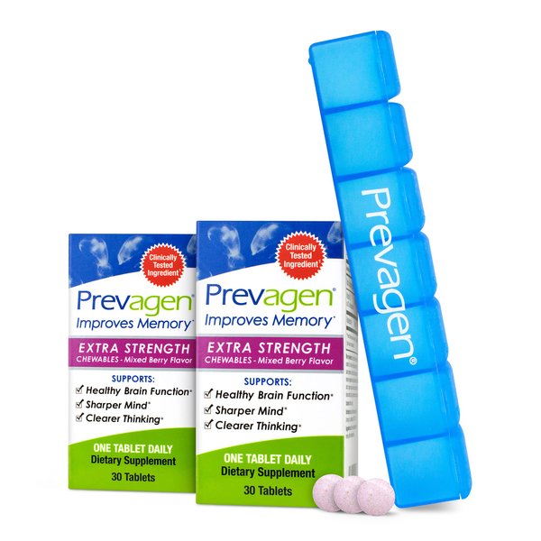 Prevagen Improves Memory - Extra Strength 20mg, 30 Chewables |Mixed Berry-2 Pack| with Apoaequorin & Vitamin D & Prevagen 7-Day Pill Minder | Brain Supplement for Better Brain Health