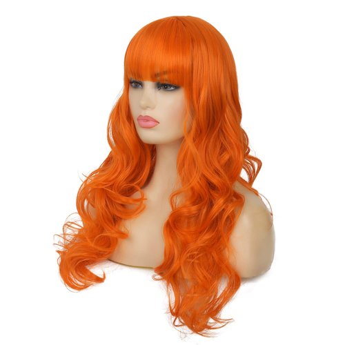 Dai Cloud Orange Wig with Bangs for Women Long Curly Wavy Heat Resistantant Silky Ginger Wigs Cosplay Halloween Daily Use (Orange)
