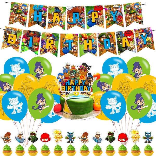 Bloons TD 6 Birthday Party Decorations, Bloons TD Video Game Party Supplies set with Happy Birthday Banner, Cake Cupcake Toppers, Balloons for Fans Adults Party Decorations