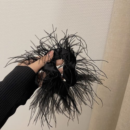 1PC Elegant Artificial Ostrich Feathers Hair Scrunchies Hair Tie Rope Elastics Hair Bands Ponytail Holders Hair Accessories for Women Girls, Black